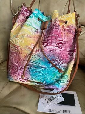 LKNW Brahmin Copa Cabana Drawstring Bucket Bag Leather Cars Palm Trees Marlowe